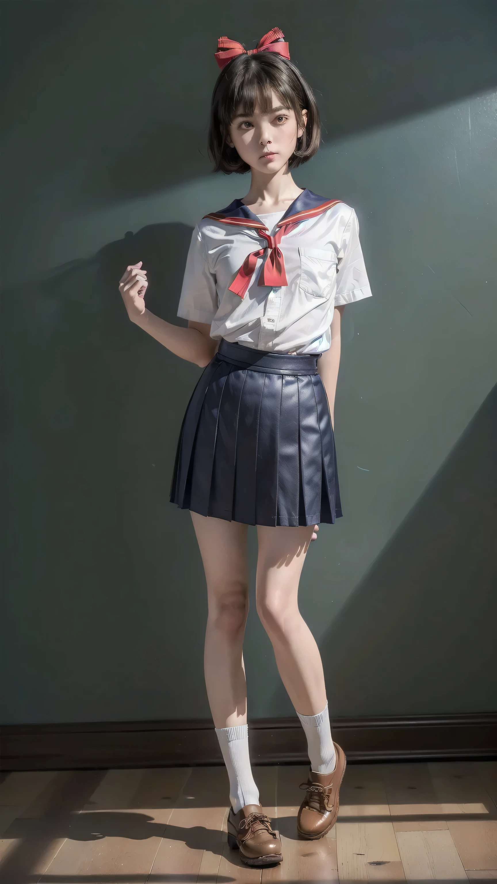 ((top quality, ultra-detailed, high resolution, extremely detailed CG, unity 8k wallpaper, by famous artist, perfect anatomy, super detailed skin, cinematic lighting, UHD, retina, anatomically correct, 1080P)), (Please draw a single one sad girl walking in a classroom school:1.3), a junior high school student, ((cute petit girl, chibi, babyface)) androgynous charm, ((1girl)), (( face:2.0), smile, ((Kiki)), ((short hair)), ((brown hair)), ((black eyes)), ((hair red bow)), ((clear forehead with little bangs)), ((bob haircut)), ((brown footwear)), ((very thin legs)), ((skinny legs, thin body, small build)), Full limbs, complete fingers, ((perfect fingers and hands)), flat chest, small breasts, ((childish body:1.3)), small butt, groin, ((sailor school uniform)), ((blue skirt)). ((white blouse)), ((red bow on the blouse with blue sailor collar)), short sleeves, stockings, socks outlined with black stripe, shoes, (Detailed Lighting), ((classroom background)), (Detailed scenary background), ((in the school zone)), full body view, ((standing)), legs. Cute, kawaii single girl (one girl), full body shot. ((Background is the school)), front body, ((A natural, correctly proportioned hands)), ((little girl)), ((Latin American face:1.3)), ((Mexican face:1.3)), ((sad:1.3))