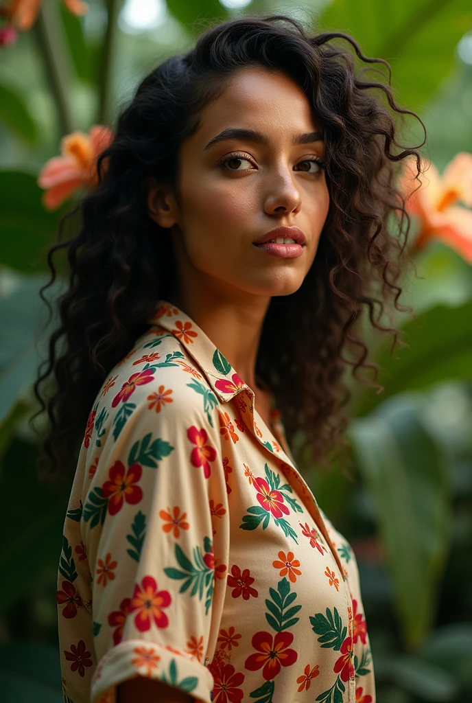 A Brazilian woman in a lush tropical garden, wearing an open shirt with a floral print, with a close-up capturing the harmonious beauty between her breasts and the natural flowers, showing off your natural charm and outgoing personality.