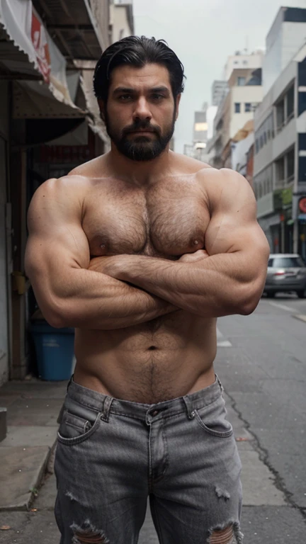 man 4 beggar black hair bearded white skin hairy dirty torn gray pants arms crossed defined physique stocky, sexy, shirtless, provocative