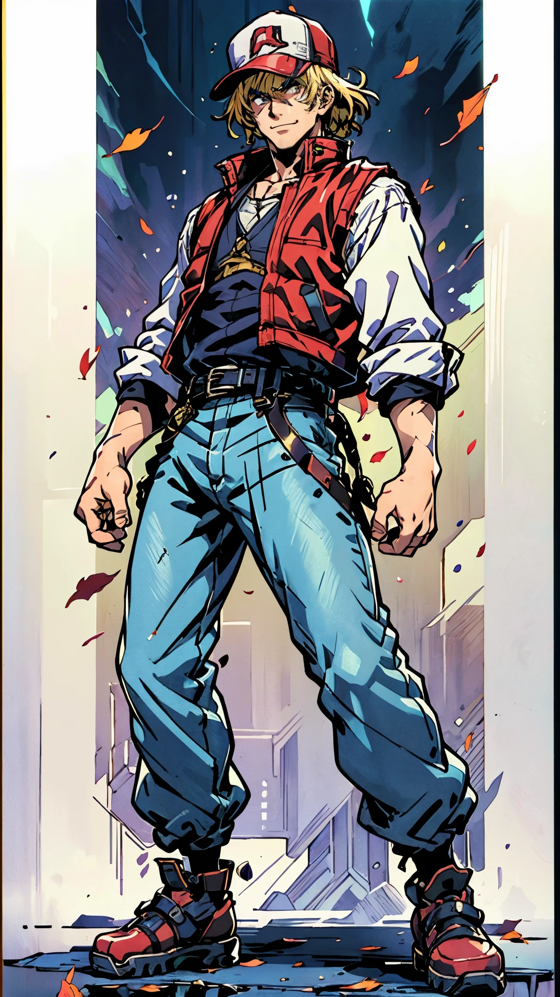 (masterpiece:1.2, best quality:1.2, extremely delicate:1.2), ((male:1.5)), a young man with blonde hair, wearing a red baseball cap backward, messy bangs windblown, a handsome face, a lazy gaze, a confident smile, a fantasy-realism style blue work vest jacket, a dark blue denim long robe underneath, featuring a long hem, a leather belt, loose coarse cloth trousers, strikes a kung fu pose in a horse stance, as fallen leaves are swept up by a whirlwind around him, this character embodies a finely crafted fantasy-realism style kung fu warrior in anime style, exquisite and mature manga art style, dramatic, high definition, highres, ultra-detailed, ultra-fine painting, professional, perfect body proportions, golden ratio, anatomically correct, symmetrical face, extremely detailed eyes and face, high quality eyes, creativity, RAW photo, UHD, 32k, Natural light, cinematic lighting, (masterpiece-anatomy-perfect:1.2)