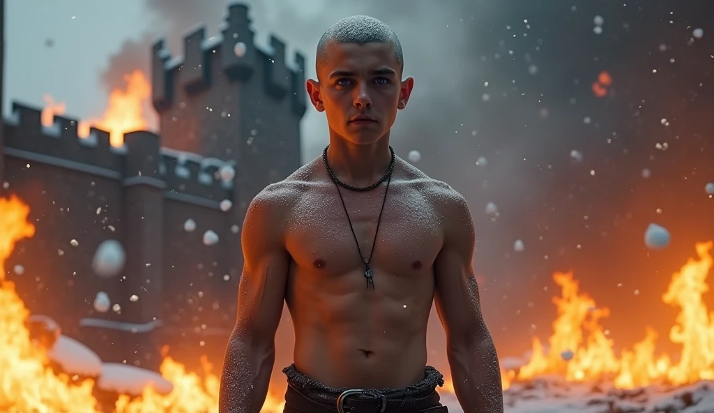 A targaryen teenager boy with bald and purple eyes, Winterfell burning scenary, snow, shirtless, screaming, flame aura