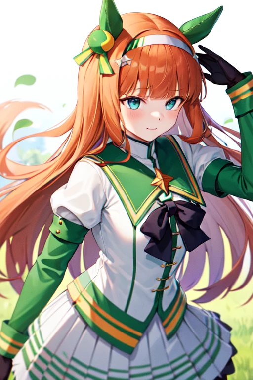 aasuzuka, long hair, animal ears, ear covers, white hairband, horse tail, green sailor collar, black bow, white shirt, layered sleeves, green sleeves, black gloves, white skirt, black hose,