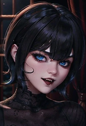 Beautiful face and perverted look wiewer, blue eyes short hair with bangs, blood, teeths vampire, nswf