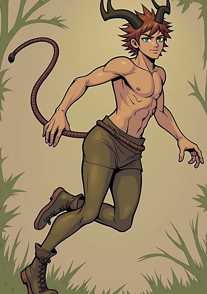 Satyr, shirtless, light brown hair, green eyes, Greek warrior, shirtless, Greek mythology, young, forest, hunter. free. with slightly large horns