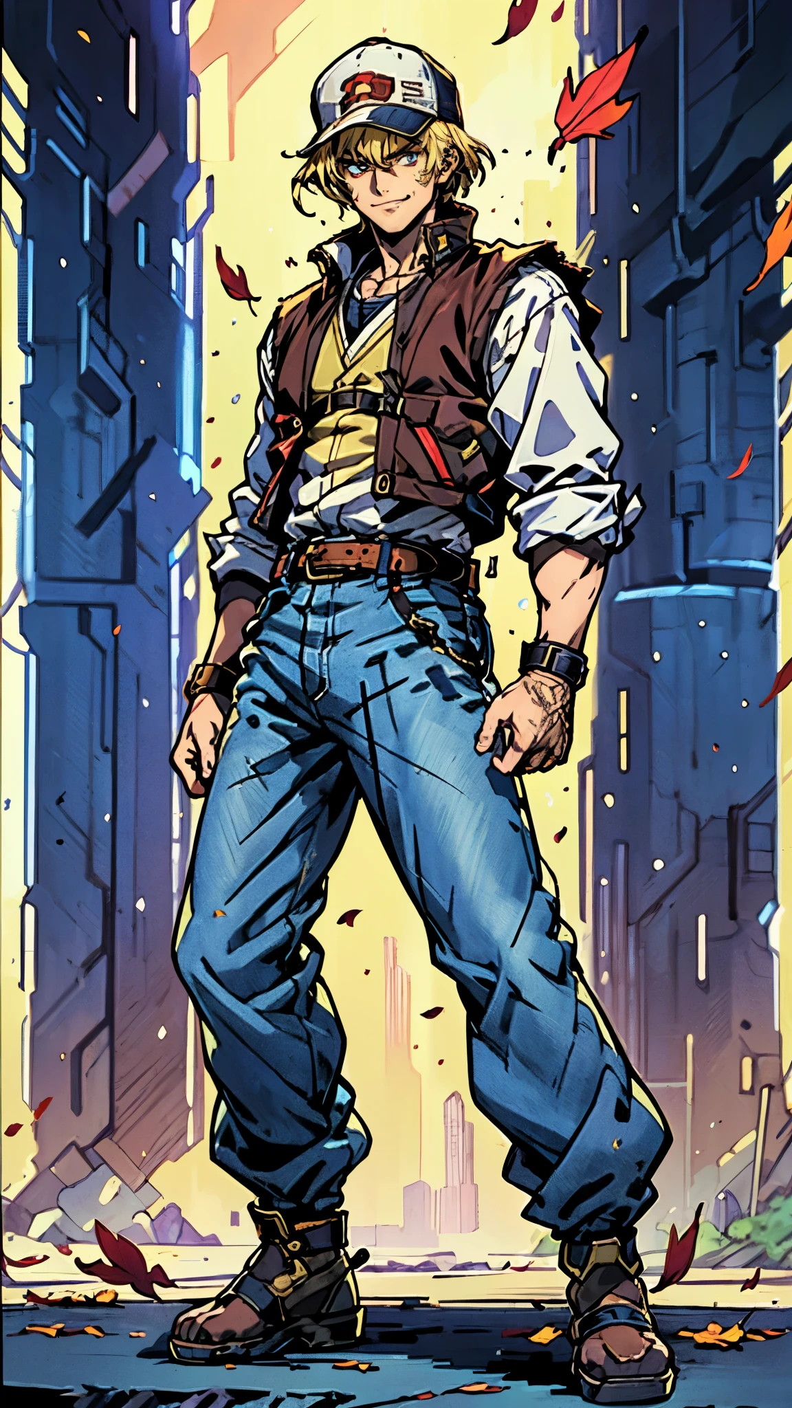 (masterpiece:1.2, best quality:1.2, extremely delicate:1.2), ((male:1.5)), a young man with blonde hair, wearing a red baseball cap backward, messy bangs windblown, a handsome face, a lazy gaze, a confident smile, a fantasy-realism style blue work vest jacket, a dark blue denim long robe underneath, featuring a long hem, a leather belt, loose coarse cloth trousers, strikes a kung fu pose in a horse stance, as fallen leaves are swept up by a whirlwind around him, this character embodies a finely crafted fantasy-realism style kung fu warrior in anime style, exquisite and mature manga art style, dramatic, high definition, highres, ultra-detailed, ultra-fine painting, professional, perfect body proportions, golden ratio, anatomically correct, symmetrical face, extremely detailed eyes and face, high quality eyes, creativity, RAW photo, UHD, 32k, Natural light, cinematic lighting, (masterpiece-anatomy-perfect:1.2)
