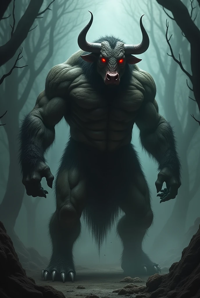 A large, half-human, half-bull demon stands in the darkness.