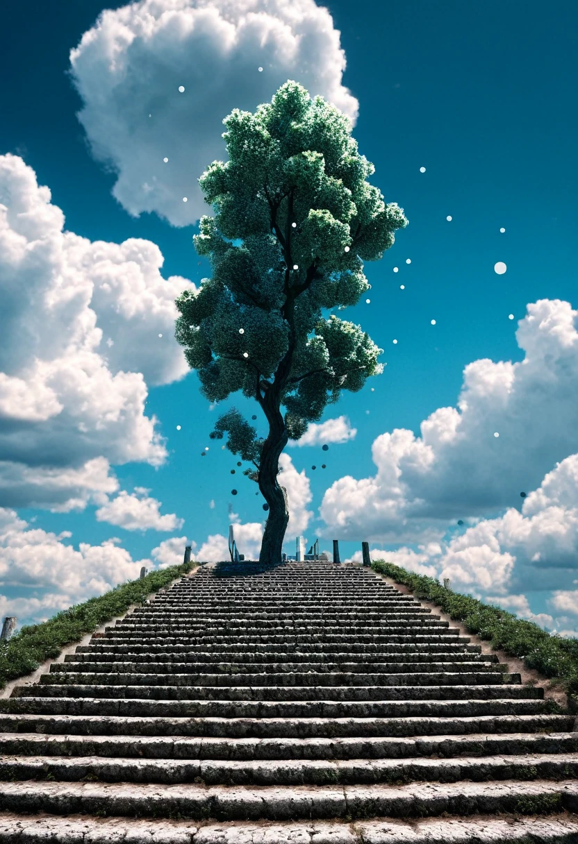 BJ_Crazy_polka_dots,sky,day,cloud,tree,blue_sky,no_humans,Surreal Scene,scenery,stairs,pillar,
many dots,many round,cinematic lighting,strong contrast,Best quality,masterpiece,