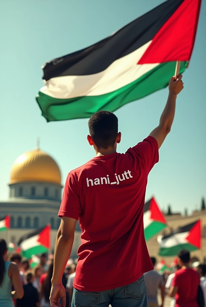 there are palasteen you flags in front A handsome 20 year old boy is standing from front Aqsa،And in his hand is the flag of palasteen،and is wearing a red and green t-shirt with Name HANi_jutt written on the back,and two big palasteen flags in front of him , art painting realistic photo and there are so mini flags of palasteen.