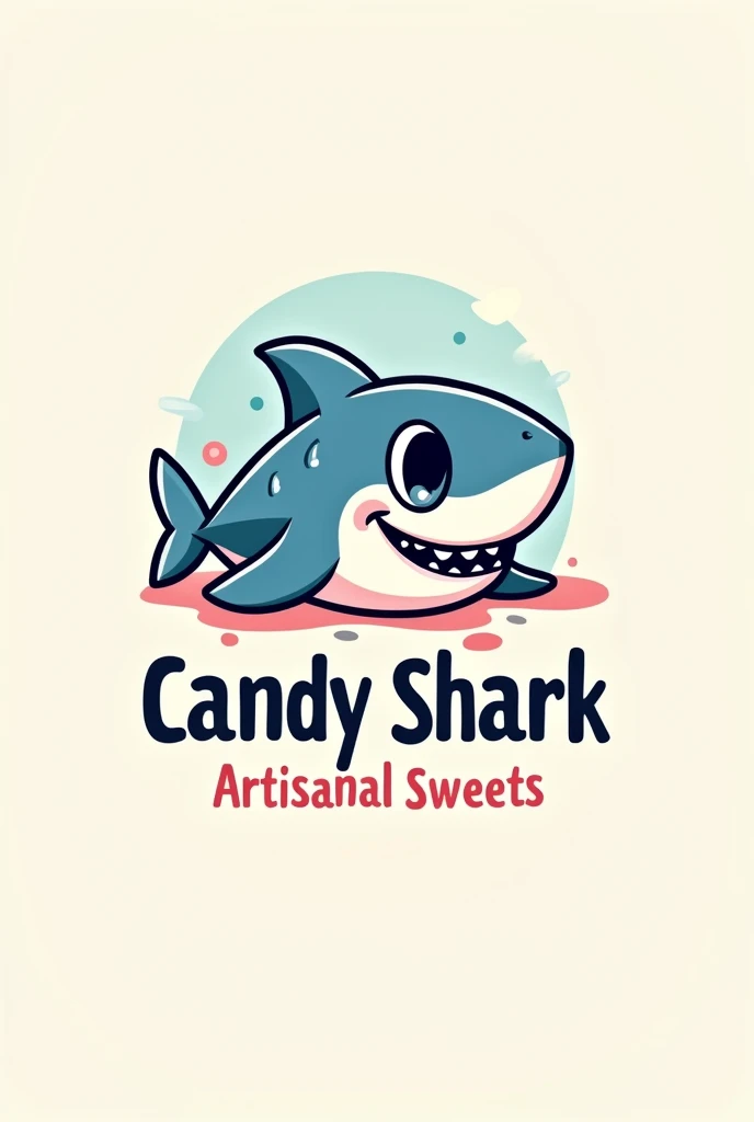 A logo with the name CANDY SHARK and the description ARTISANAL SWEETS , with a SWEET shark as a background image