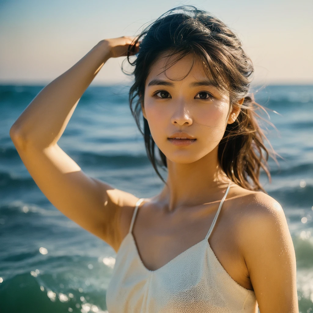 A hyper-realistic image of a single Japanese woman in her early 20s, captured with the nostalgic warmth and pronounced graininess of a film camera, showing her from the shoulders up as she stands on a sunlit beach. Her skin has a warm beige tone with a natural, visibly rough texture that includes pronounced pores, fine lines, and subtle imperfections such as small blemishes, slight unevenness, and a hint of sun exposure, contributing to the authenticity of her appearance. The texture of her skin is intentionally less smooth, with a tangible roughness that enhances the realism, making the surface appear slightly weathered by the elements. The soft, diffused natural light illuminates her face and shoulders with a gentle touch, casting shadows that subtly reveal the unevenness of her skin. Her straight, glossy black hair flows naturally in the ocean breeze, framing her face, and her deep brown eyes reflect the soft sunlight and the shimmering sea. The film camera effect amplifies the grain and texture, creating a warm, nostalgic atmosphere while maintaining the deliberately rougher, less polished texture of her skin. The composition, focused on her upper body, captures the serene elegance of the beach setting, highlighting the natural interaction of light and shadow on her skin. This combination of a rough, realistic skin texture, soft natural light, and the grainy film-like qualities ensures that the image presents an authentic, lifelike portrayal of the woman, centered on her face and shoulders.