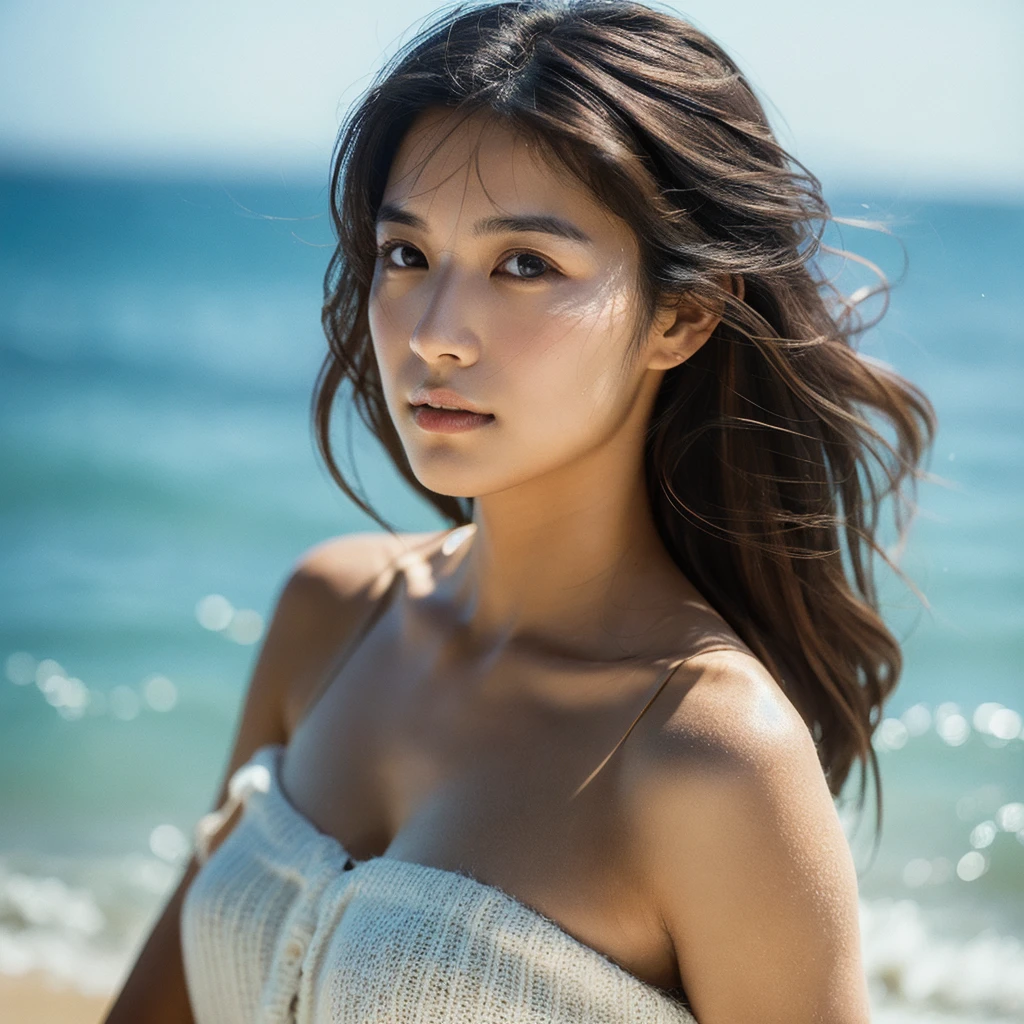 A hyper-realistic image of a single Japanese woman in her early 20s, captured with the nostalgic warmth and pronounced graininess of a film camera, showing her from the shoulders up as she stands on a sunlit beach. Her skin has a warm beige tone with a natural, visibly rough texture that includes pronounced pores, fine lines, and subtle imperfections such as small blemishes, slight unevenness, and a hint of sun exposure, contributing to the authenticity of her appearance. The texture of her skin is intentionally less smooth, with a tangible roughness that enhances the realism, making the surface appear slightly weathered by the elements. The soft, diffused natural light illuminates her face and shoulders with a gentle touch, casting shadows that subtly reveal the unevenness of her skin. Her straight, glossy black hair flows naturally in the ocean breeze, framing her face, and her deep brown eyes reflect the soft sunlight and the shimmering sea. The film camera effect amplifies the grain and texture, creating a warm, nostalgic atmosphere while maintaining the deliberately rougher, less polished texture of her skin. The composition, focused on her upper body, captures the serene elegance of the beach setting, highlighting the natural interaction of light and shadow on her skin. This combination of a rough, realistic skin texture, soft natural light, and the grainy film-like qualities ensures that the image presents an authentic, lifelike portrayal of the woman, centered on her face and shoulders.
