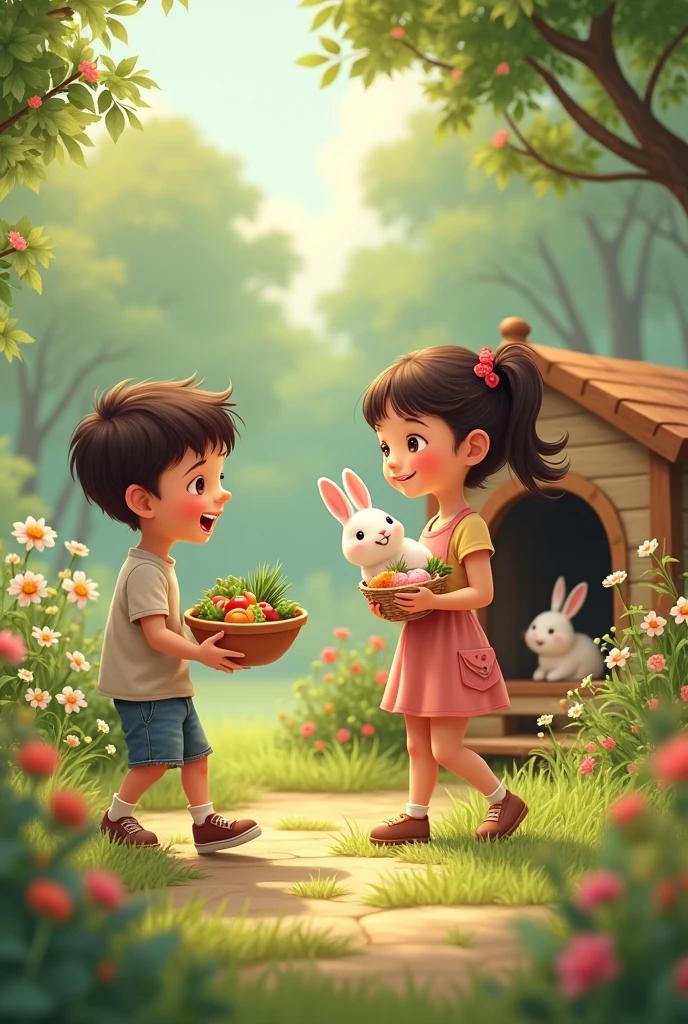 A boy and an girl bringing food for the rabbit