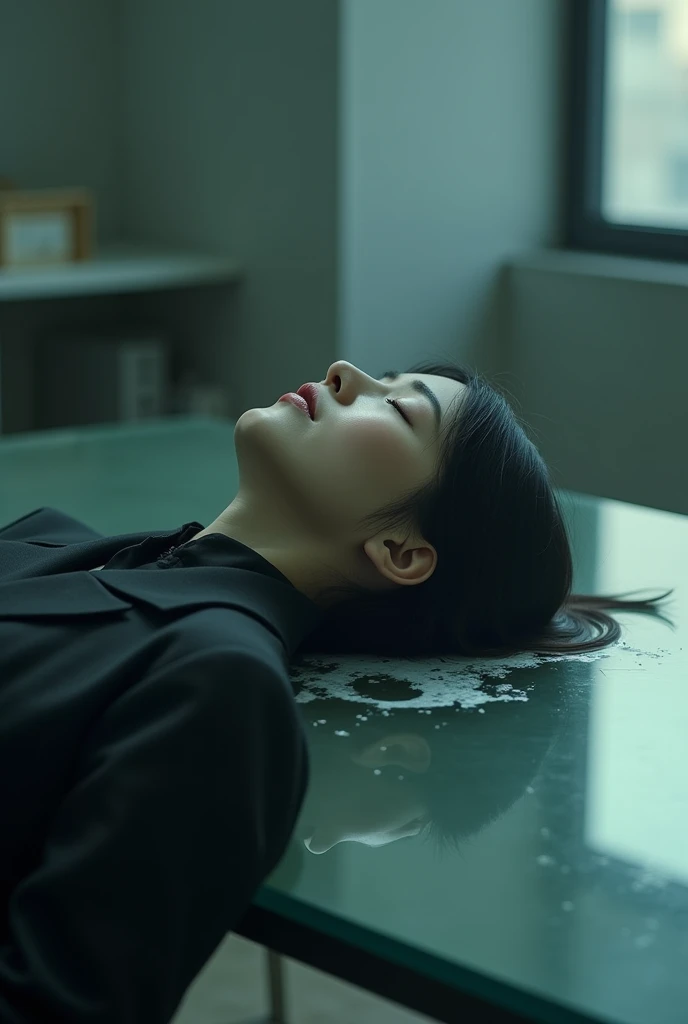 Chinese office lady dies on glass table, eyes closed with white froth at her mouth