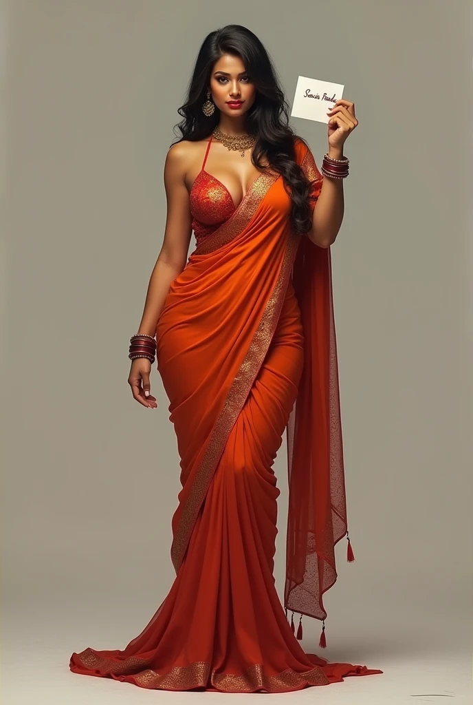 Sexy curvy lady with big boobs and big ass showing deep cleavage in saree holding a paper in her hand written SONIA PANDA on it