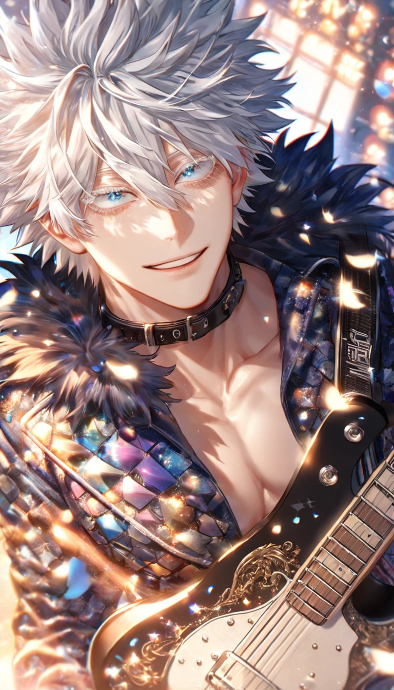 absurdres, highres, ultra detailed, HDR, master piece, best quality, extremely detailed face, delicated features, Gojou Satoru, white hair, messy hair, hair between the eyes, expressive blue eyes, white eyelashes, Boku No Hero Academia, solo, sexy man, handsome, sensual, smiling, playing a guitar, dark blue jacket with fur, no shirt, black belts, black collar, patterns, rockstar, rockstar clothes, black gloves, stage, lights, petals, fantasy, magical, sparkling