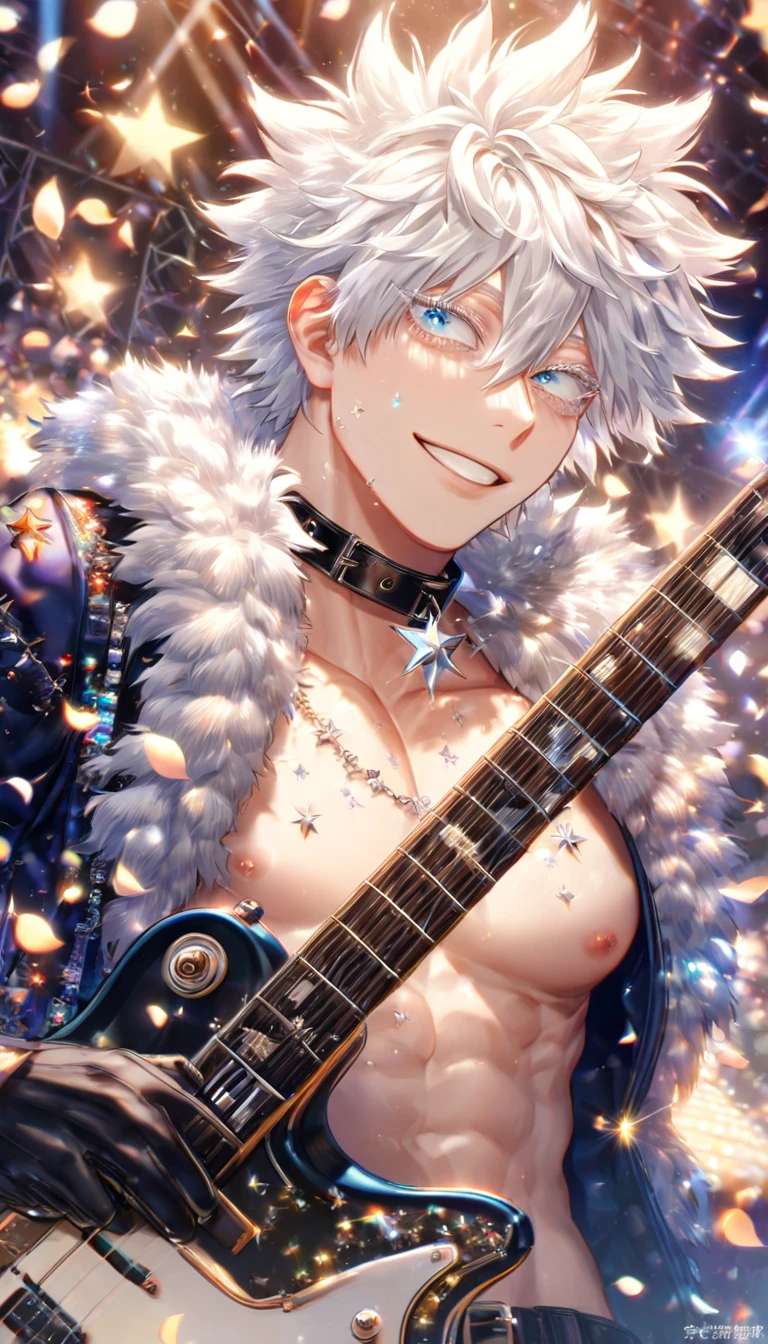 absurdres, highres, ultra detailed, HDR, master piece, best quality, extremely detailed face, delicated features, Gojou Satoru, white hair, messy hair, hair between the eyes, expressive blue eyes, white eyelashes, Boku No Hero Academia, solo, sexy man, handsome, sensual, smiling, playing a guitar, dark blue jacket with fur, no shirt, black belts, black collar, patterns, rockstar, rockstar clothes, black gloves, stage, lights, petals, fantasy, magical, sparkling