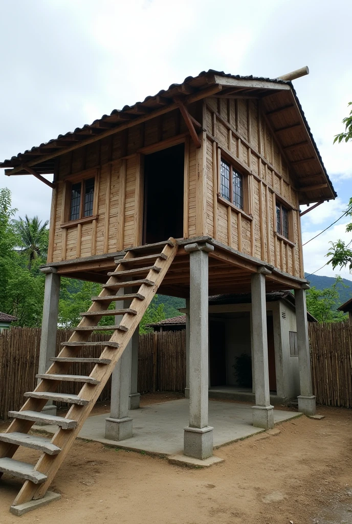 It was a stilt house made of wood and bamboo with concrete footstools for posts and stairs. Such concrete tiny slabs are still present to this day used as base integrated to the new house and The area was 35 sq. meters as evidenced by the concrete slabs which measured five by seven meters and under the house was an open storage for implements and jars. A corner was used as a cornal for goats and sheep that were evacuated from Mangusmana during flood season. The yard was surrounded by bamboo fences with a front gate facing the street of the bulosans and 