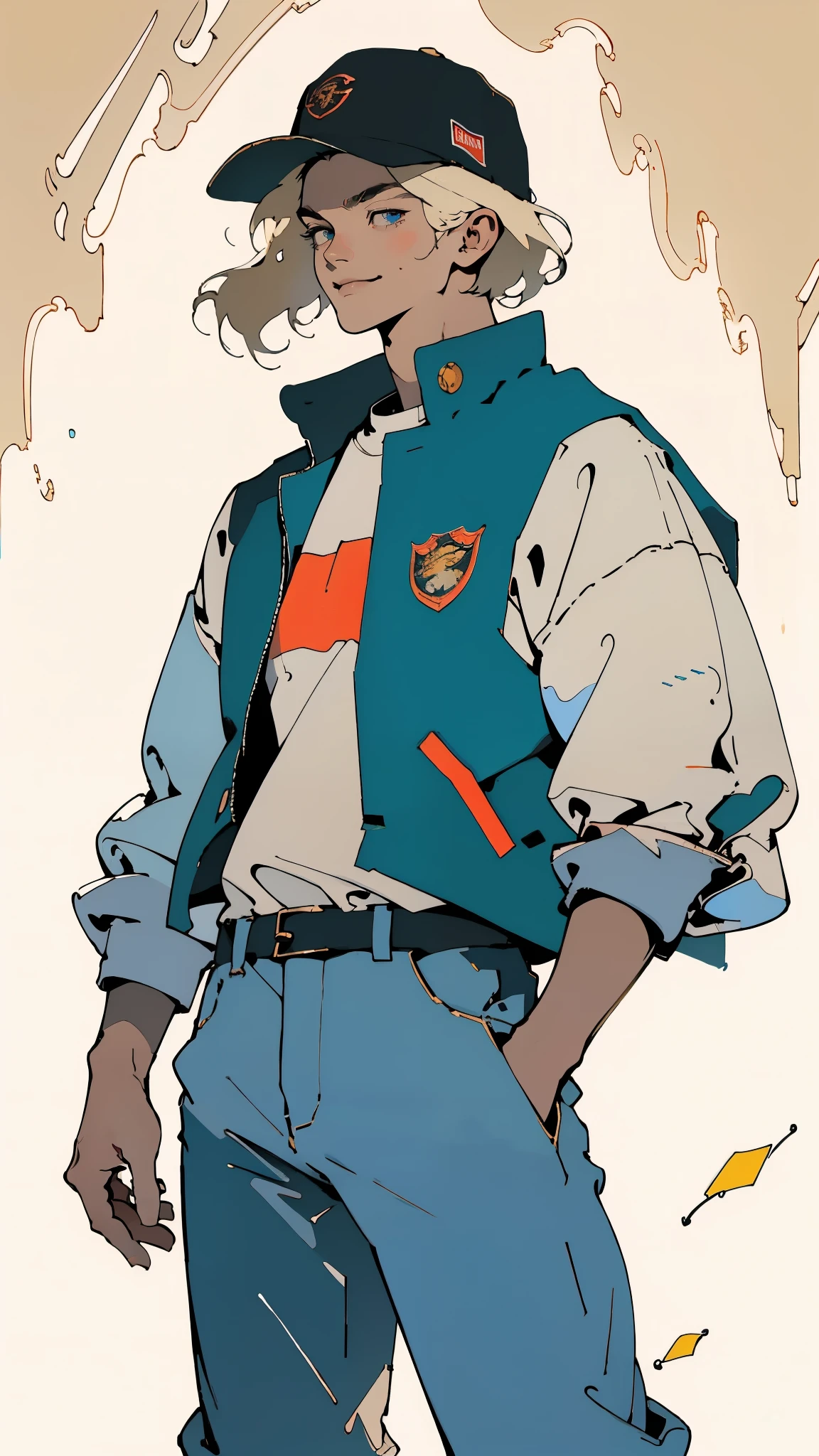 (masterpiece:1.2, best quality:1.2, extremely delicate:1.2), ((male:1.5)), a young man with blonde hair, wearing a red baseball cap backward, messy bangs windblown, a handsome face, a lazy gaze, a confident smile, a fantasy-realism style blue work vest jacket, a dark blue denim long robe underneath, featuring a long hem, a leather belt, loose coarse cloth trousers, strikes a kung fu pose in a horse stance, as fallen leaves are swept up by a whirlwind around him, this character embodies a finely crafted fantasy-realism style kung fu warrior in anime style, exquisite and mature manga art style, dramatic, high definition, highres, ultra-detailed, ultra-fine painting, professional, perfect body proportions, golden ratio, anatomically correct, symmetrical face, extremely detailed eyes and face, high quality eyes, creativity, RAW photo, UHD, 32k, Natural light, cinematic lighting, (masterpiece-anatomy-perfect:1.2)