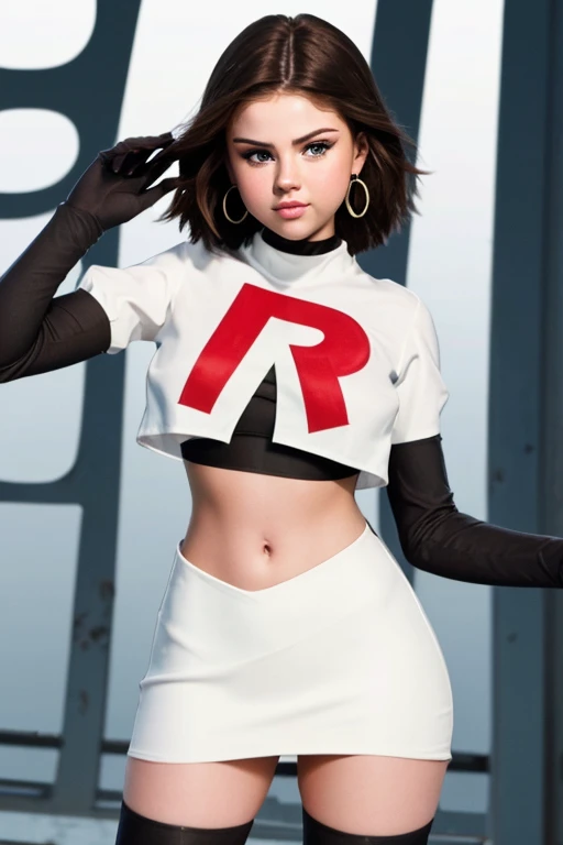 The face of Selena gomez, 1girl, solo, team rocket,team rocket uniform,white skirt,red letter R,crop top,black thigh-highs,black elbow gloves, earrings, large breasts, 