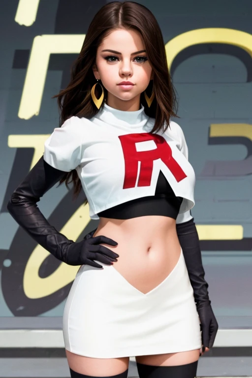 The face of Selena gomez, 1girl, solo, team rocket,team rocket uniform,white skirt,red letter R,crop top,black thigh-highs,black elbow gloves, earrings, large breasts,
