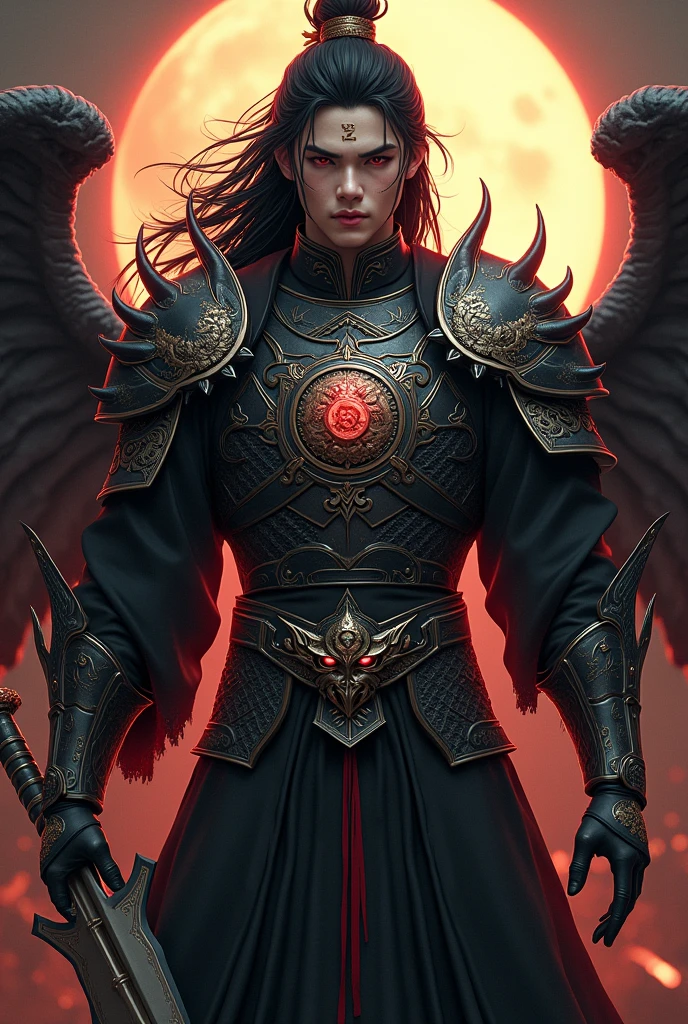 Handsome young xianxia protagonist,charming handsome,darkest style,dark style,guy,man,long black hair, Crimson red eyes combination ,and long black with ,and the golden rune motiv scratched on his forehead,use armour featuring like God of evil with black and silver dominant color,battle armour of God reference,pauldron protective shape like dragon head,breastplate featuring like qiongqi four perils Chinese beast((search reference for 4 perils Chinese beast qiongqi)),breastplate detailed qiongqi head shape,shoulder protective dragon shape like head red and blue,sun and moon and circling at the background,ultra detail,the tassel of the armour like river of galaxy, combination of black and red dominant color,darkest red dominant color, Crimson dark red dominant color armour,with majestic silver line ,held halberd of abyss,halberd extreme detailed, And demonic wings at back,demonic wings at back,terrifying aura around,24K ultra hd,face and eyes detail,lips and face detail,masterpiece ,better quality