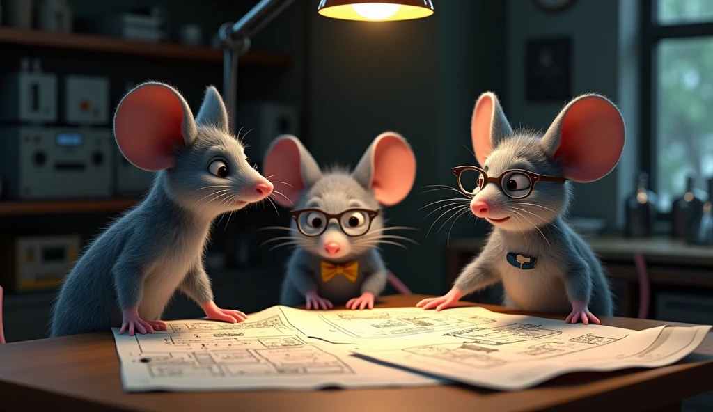 BACK VIEW OF A 3D Pixar animation style of 3 grey mice, one of them has a bowtie and the other has glasses, looking at the plans for building a mechanical jack, with artificial lighting at night inside a robotics laboratory