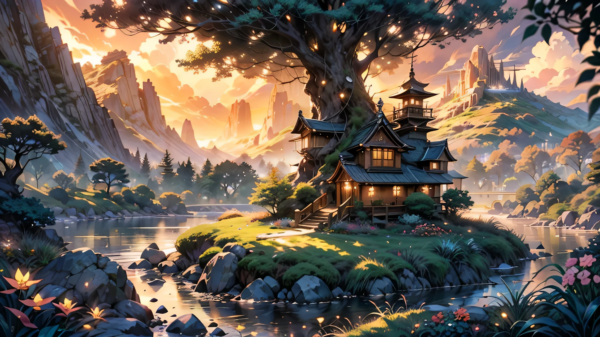a futuristic small low pod home in a beautiful japanese garden, incredible view with dramatic mountain range, rocks plants flowers shrubs bushes trees moss lawns grass,colourful sunset and strong sunbeams,very hazy,extreme details,photorealistic,4k,HD,beautiful,nature, dreamy, low shot,ground level photo, good luminosity, high ambience,magical, dusk, magic hour
