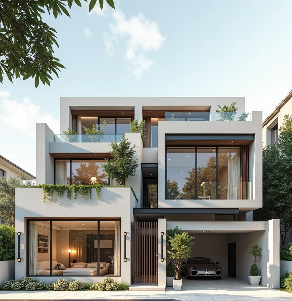 RAW photo,Masterpiece, high quality, best quality, authentic, super detail, townhousevn, exterior, morden house with white wall and glass windows, daylight, archdaily architecture, (high detailed :1.2), 8k uhd, dslr, soft lighting, high quality, film grain, Fujifilm XT3 Negative promt:(normal quality), (low quality), (worst quality), paintings, sketches,lowres, text, cropped, worst quality, low quality, normal quality, signature, watermark, username, blurry,skech,logo,blurry, drawing, sketch, poor quality, ugly, low resolution, saturated, high contrast, oversharpened,low quality, bad anatomy, worst quality,deformed, disfigured, cropped, jpeg artifacts, error, mutation,noise,UnrealisticDream