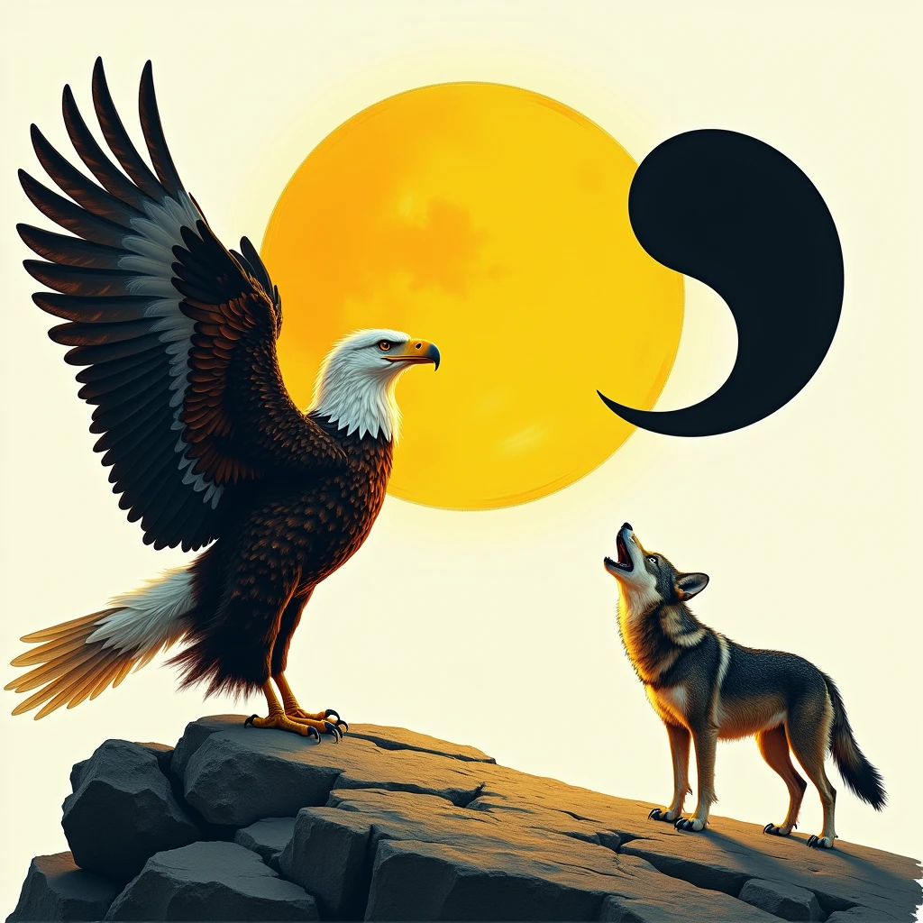 Ying Yam yellow sun and black moon with white.
Also an eagle with its wings spread in the corner and a lone wolf howling looking at the Ying Yam