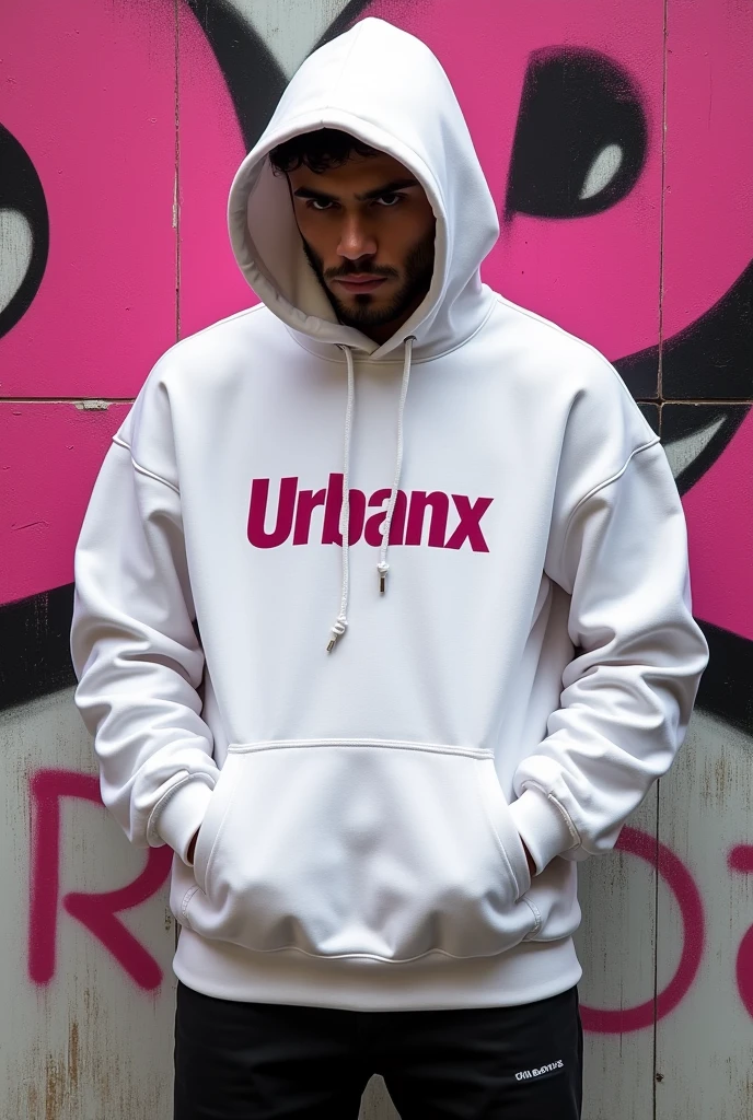 A high quality, realistic image of an oversized white and pink 'UrbanX' hoodie. The sweatshirt should be the sole focus of the image, with no people or additional clothing visible. The background should feature a graffiti covered wall with pink and black paint splatters, creating an urban and edgy atmosphere. The sweatshirt itself must be clearly displayed, showcasing its design, with the "UrbanX" logo visible on the front. The overall aesthetic should be modern and elegant, emphasizing the brand's urban appeal."