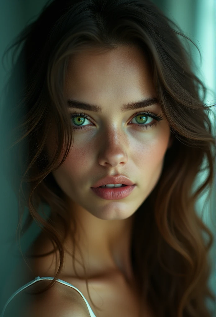 (masterpiece:1.2, exceptional quality, mirror-like, cinematic experience, Photorealistic:2.0, CRUDE:2.0, Super detailed), 8K, wallpaper, brunette woman, brown hair, green eyes,