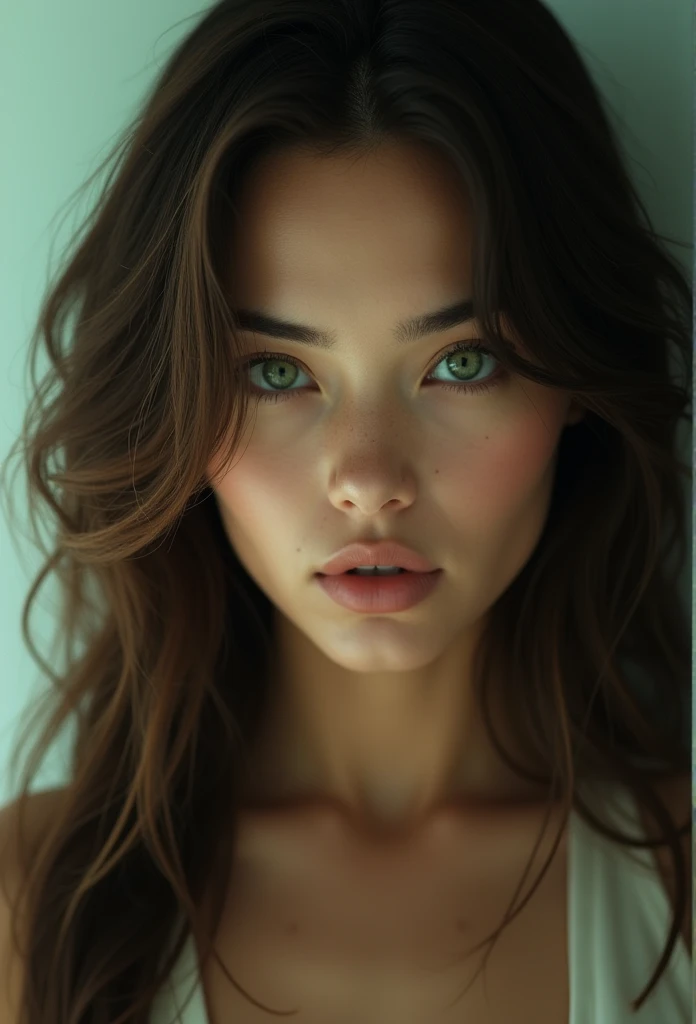 (masterpiece:1.2, exceptional quality, mirror-like, cinematic experience, Photorealistic:2.0, CRUDE:2.0, Super detailed), 8K, wallpaper, brunette woman, brown hair, green eyes, 