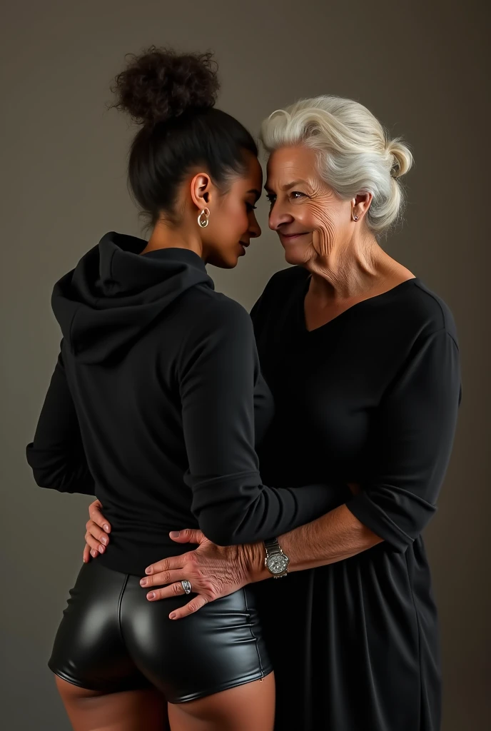 black woman hair in a bun black hoodie black leather short shorts being fucked in the ass by a old grandma in a dress