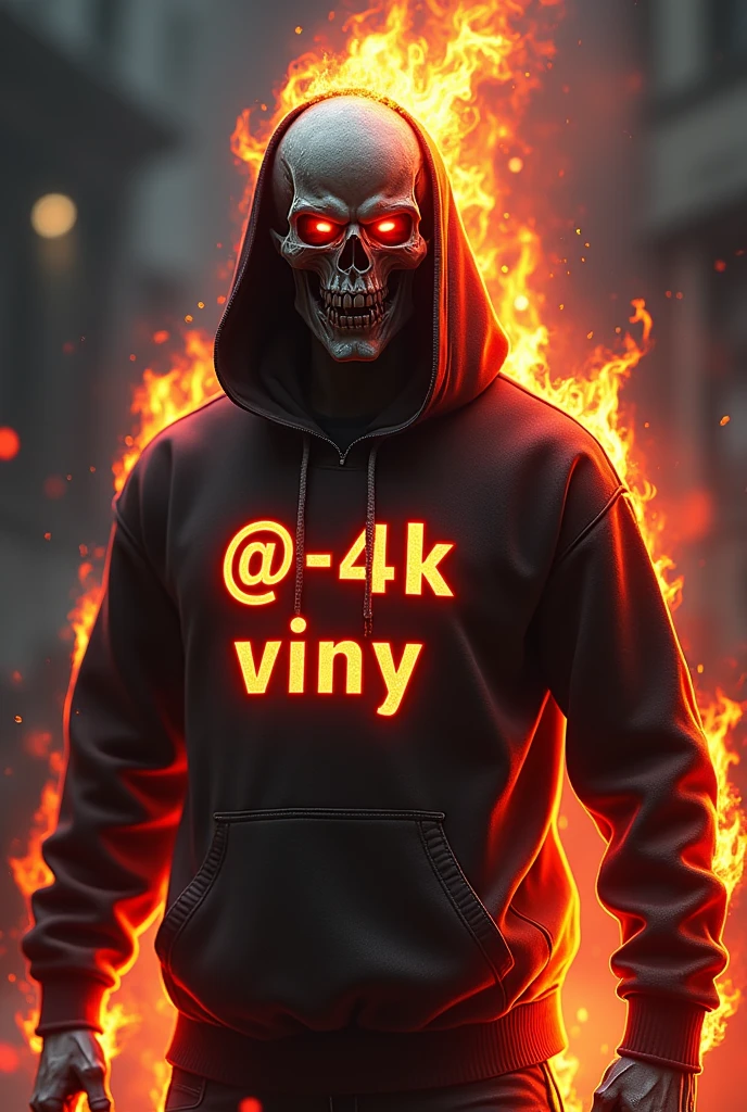 Create a free fire game character with a skull head and a burning sweatshirt with a name @-4k Viny written on the sweatshirt