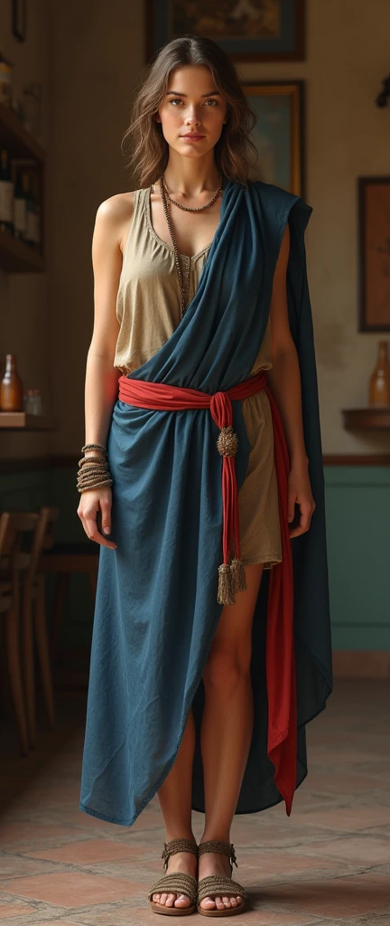 Front view, Full body, on floor , standing pose, on floor , in Serbian pub, BC 4 century, Her is name Helena 20 years old, Greek old-style clothing , Serbian girl, (Light Brown Hair, middle hair ,brown eyes, Beautiful Lips, Small lips, little smile),,Red wide belt,(middle Breasts, middle Hips) , (wearing khaki color one-piece shirt, rope belt ), (Blue Toga:1.3), poor sandal, Textured skin , HI Detail Skin, (Shorthand, Canon, 8k, Anatomically correct, Super Detail, Attention to detail, Your Highness)
