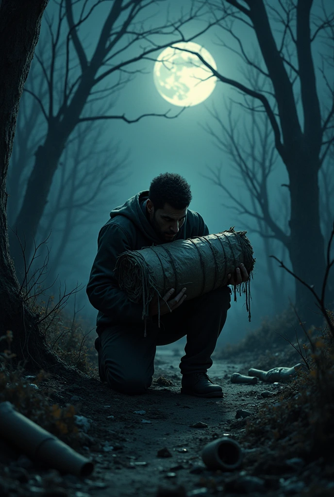 On a dark and desolate night, Among the weeds and trash of a forest a man stops to catch his breath and cover the wrapped in remains of waste, as if trying to protect it from the hostile environment.