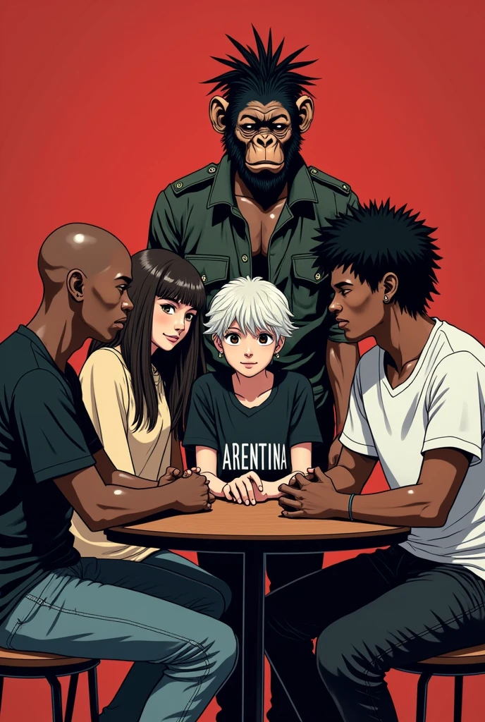 an image with 5 people sitting at a table, a young bald black man in a black t-shirt, a short young woman with bangs and an argentina shirt, a young man with messy, wavy white hair wearing a white t-shirt and baggy pants, a tall young black man with dreadlocks wearing a military vest, and a slightly tall chimpanzee. Made with thick, gothic anime lines