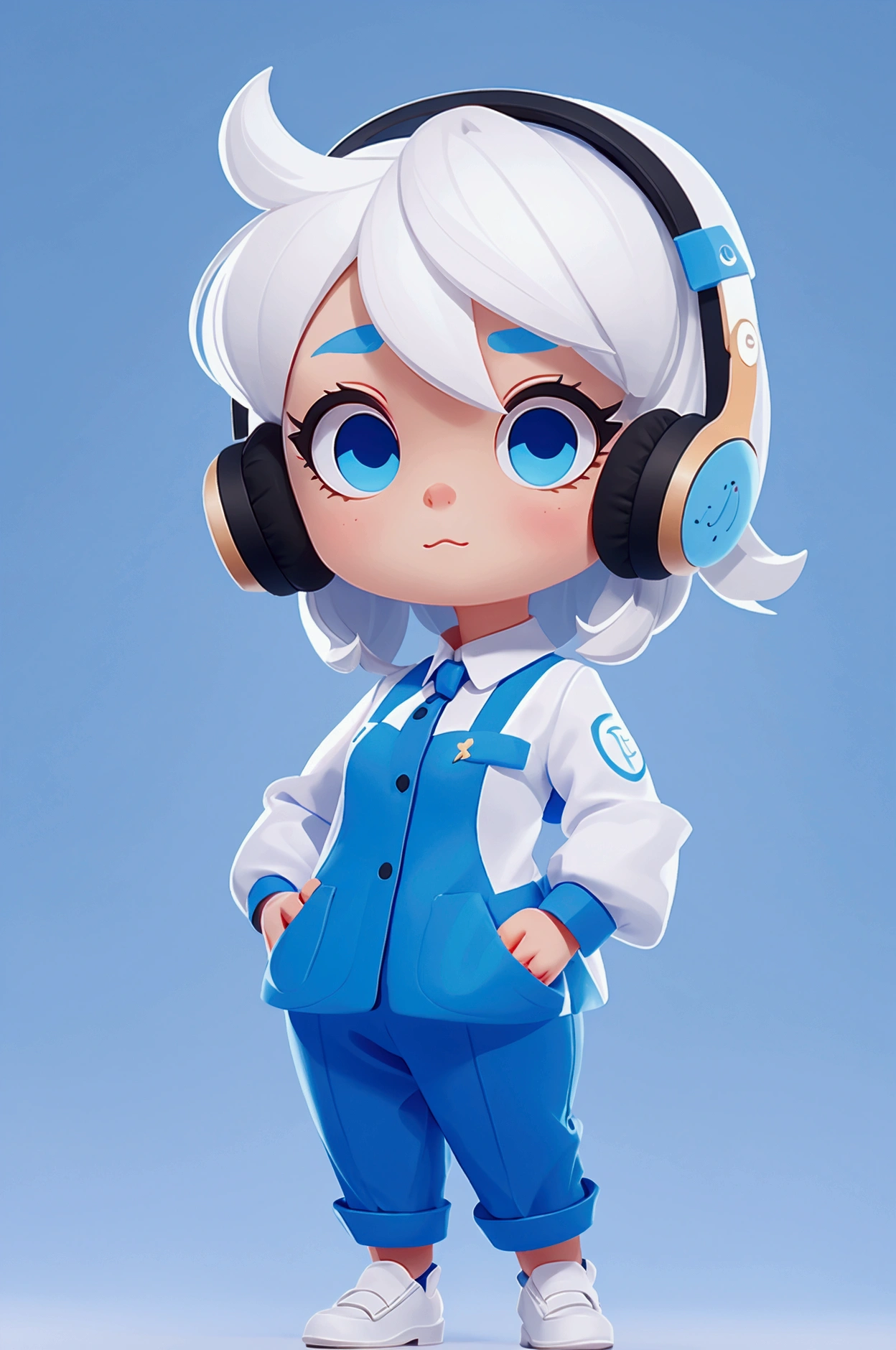 customer service uniform, white hair, beautiful blue eyes, headset, head portrait, lovely girl, calm and friendly
