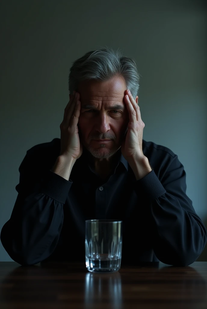 A man with his index fingers touching his temples looking at a glass that is flying