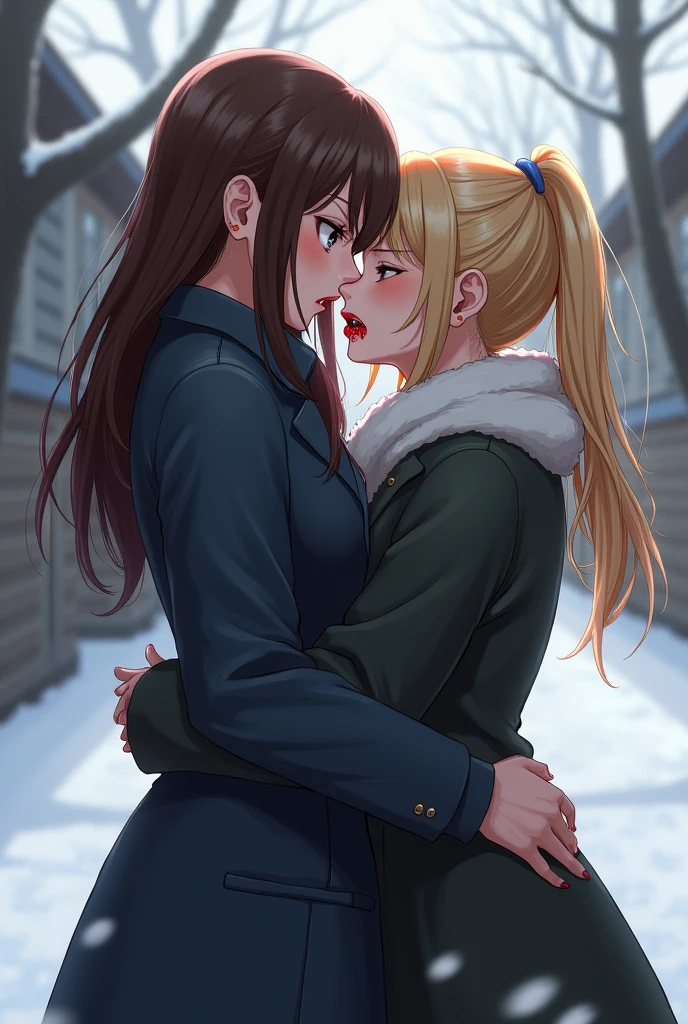 Chubby girl with brown hair sensually hugging a sexy blonde girl with blood on her mouth, both wearing winter clothes at school