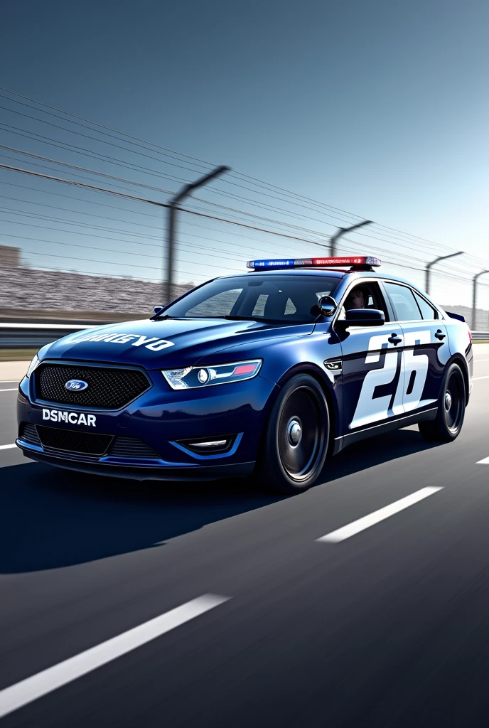 A 2014 model Ford Taurus Interceptor car in navy blue NASCAR, with the number 26 in white