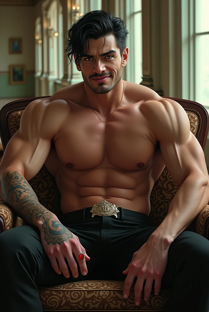 Create a muscular man with black hair and green eyes, side view, totally naked, without underwear, with his penis visible, with its lower part visible. symmetrical composition , sitting on an armchair with his legs wide open looking straight at the camera, authoritarian attitude, cynical smile, Smirking, a ring with a ruby , In the background a large art nouveau decorated salon, big windows, focus on the expression of man, slightly leaning forward, slender body with marked muscles, broad focus, You can see her feet with full body dragon tattoos, NSFW