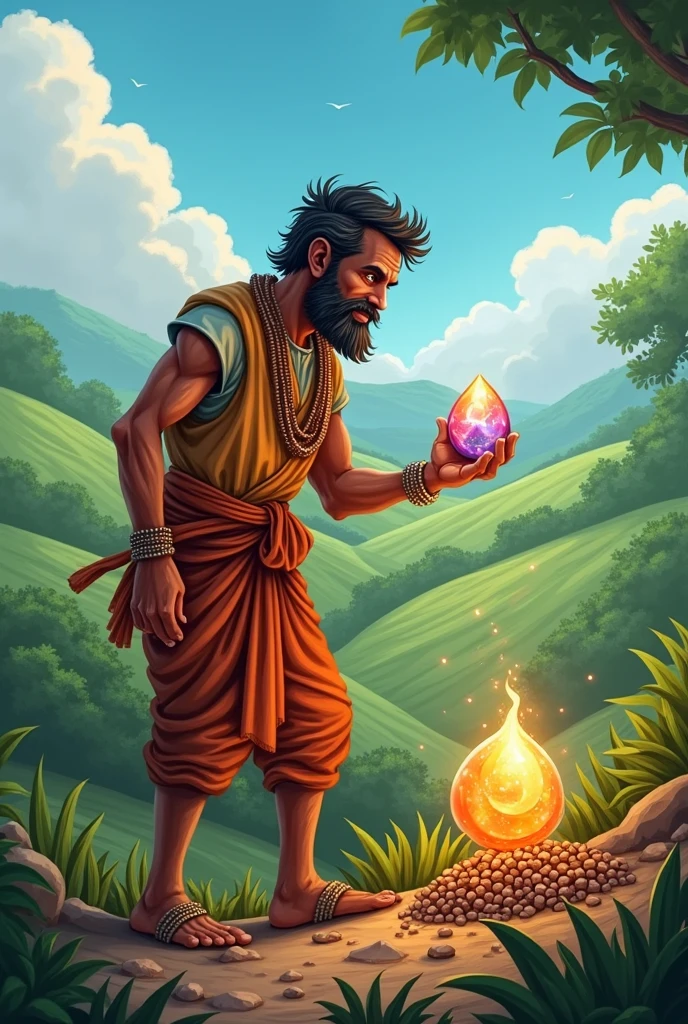 One day, while working in the field, he found a shiny stone. 

That stone was more shiny than gold.  Kishan cartoon