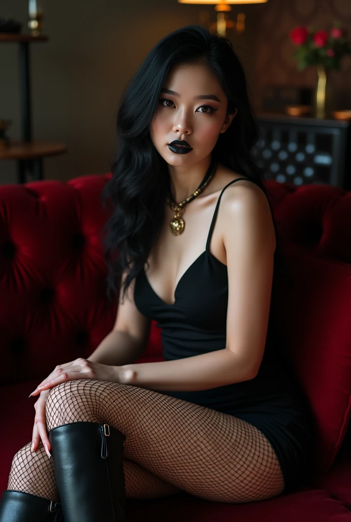 Erotic goth nun asian woman with fishnets short skirt and boots sitting on the sofa