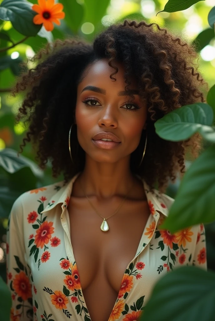 A Brazilian woman in a lush tropical garden, wearing an open shirt with a floral print, with a close-up capturing the harmonious beauty between her breasts and the natural flowers, showing off your natural charm and outgoing personality.