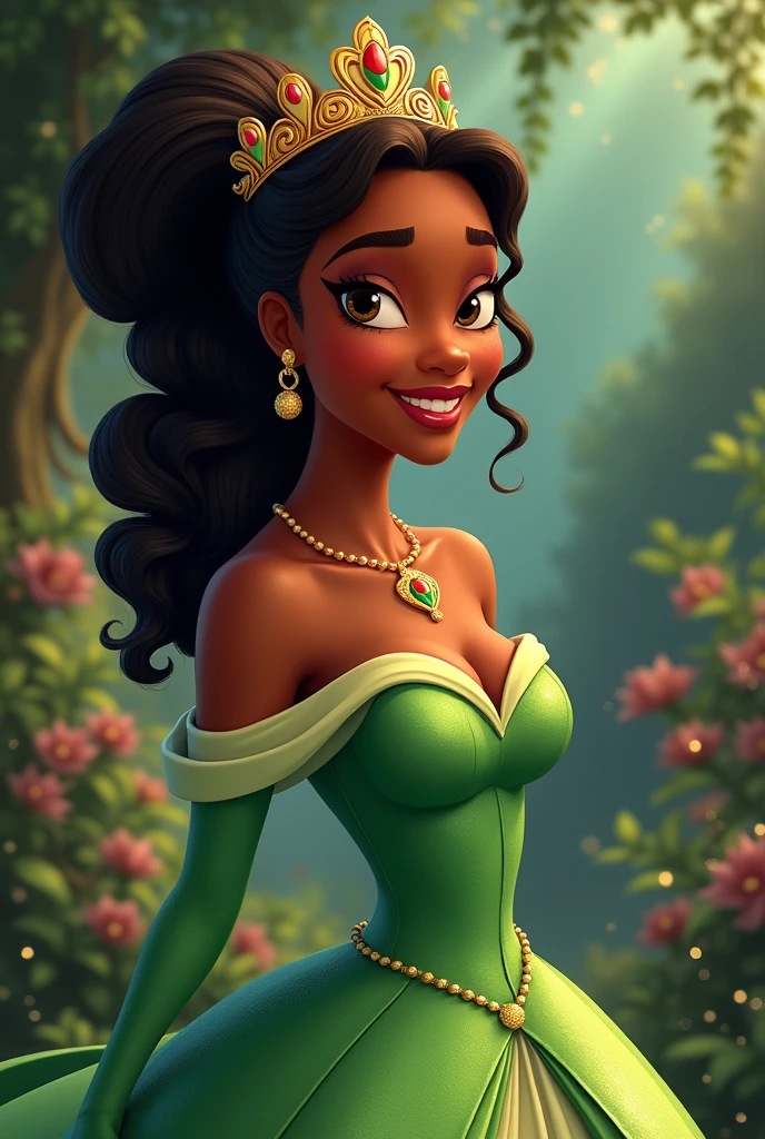 The Princess and the Magic Kiss、ディズニーのBlackプリンセス ティアナの画像を作成してください, Curly, Green dress and crown、Disney Princesses、whole body、(masterpiece:1.2), (Highest quality), (Super detailed), (8k, 4K, Complex),(Half Body:1.2),(cowboy:1.2),(Very detailed:1.2),(Detailed face:1.2), (Detailed Background),(Portraiture),Detailed landscape, (Dynamic pose:1.2),One girl, alone, smile、Black