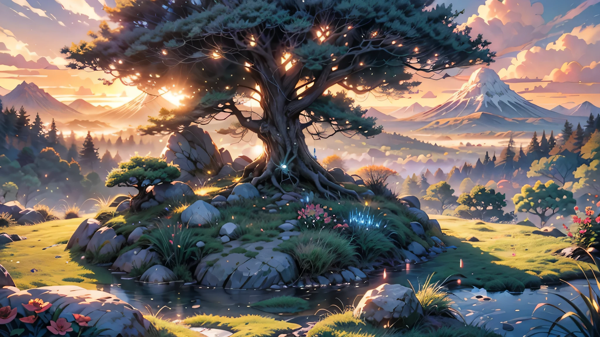 a futuristic small low pod home in a beautiful japanese garden, incredible view with dramatic mountain range, rocks plants flowers shrubs bushes trees moss lawns grass,colourful sunset and strong sunbeams,very hazy,extreme details,photorealistic,4k,HD,beautiful,nature, dreamy, low shot,ground level photo, good luminosity, high ambience,magical, dusk, magic hour