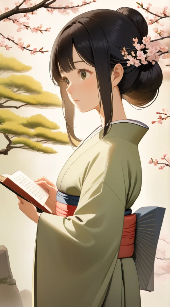 ((masterpiece)), ((Highest quality)), ((High resolution)), ((In detail)),((Highest quality, 8k, masterpiece))Create a digital illustration of a beautiful 1 Japanese woman with a serene and intellectual appearance. She has long, flowing black hair and slightly melancholic eyes, often carrying a gentle smile. She wears a traditional, elegant kimono in soft, muted colors (like pale green or light gray), reflecting her calm and thoughtful personality. Her posture is graceful, and she radiates an aura of quiet strength and wisdom. She holds a book of classical Japanese poetry, symbolizing her deep connection with ancient literature. In the background, there’s a subtle, traditional Japanese garden with a hint of cherry blossoms, adding to the peaceful atmosphere. The lighting is soft, with a warm glow that highlights her gentle features, emphasizing her role as a nurturing and protective older sister.