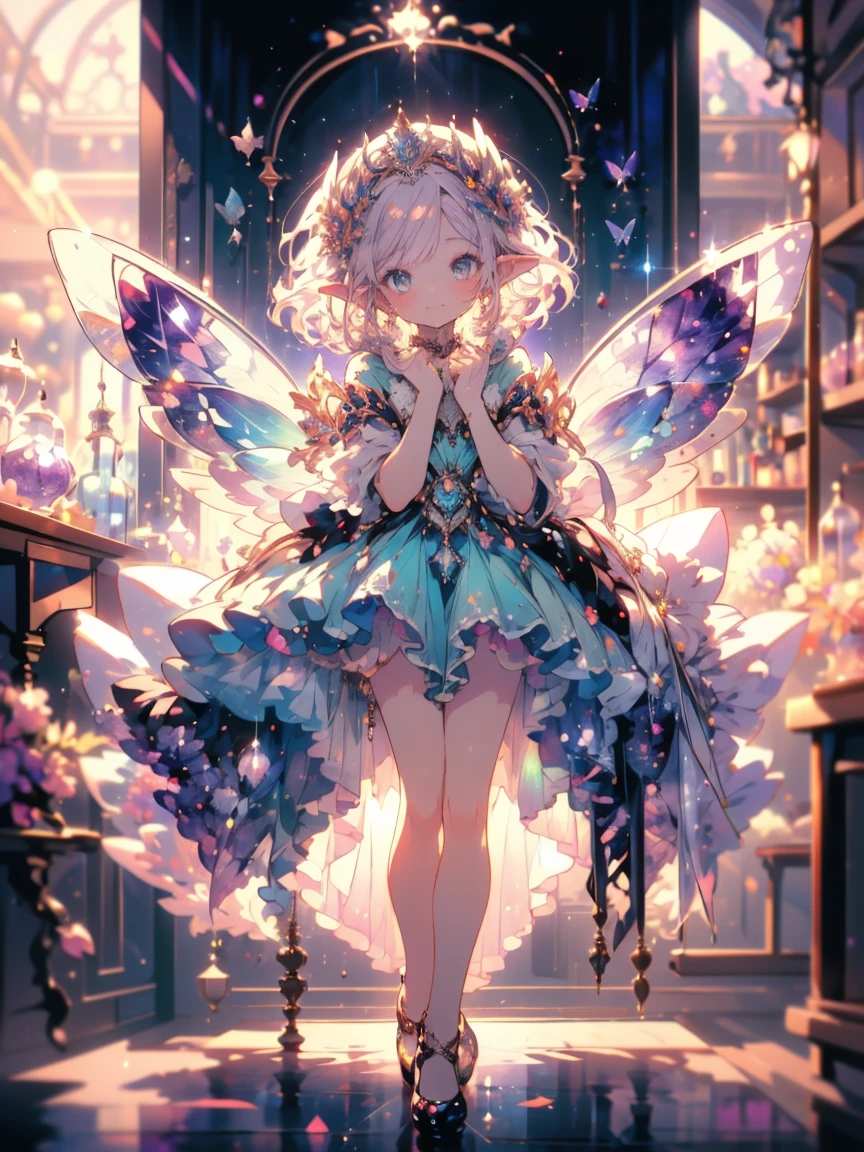 (masterpiece,Highest quality, Very detailed, beautiful, Exquisite, 16K, Full HD),((whole body)), ((White Background)),((smile,Happy:1.5)),((Frills, Rhinestones and Amethyst,Sparkly purple fluffy layered ball gown)),((city)),((Butterfly Wings)),(amethyst tiara,Amethyst Choker,Amethyst Earrings,Amethyst Shoes,)(Pink medium hair,Hair blowing in the wind, Fluffy hair),(White skin,Lavender eyes, Long eyelashes, Big eyes,Pale pink cheeks, Pointy Ears),Dazzling Light, Warm lighting, (pastel colour,Tabletop, Art Station, Fantasy art:1.2),
