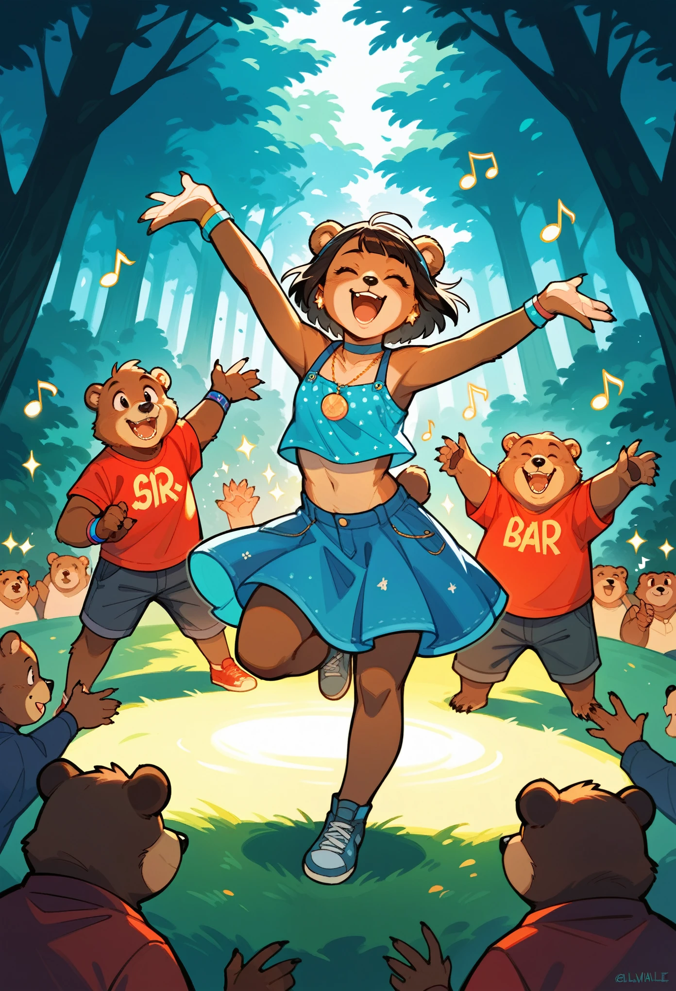rating_safe, score_9, score_8_up, score_7_up, score_6_up, score_5_up, score_4_up, hires, source_furry(super cute 1girl, bear, pair)singing, dancing, waltz, boys, girls, forest, good lighting,
